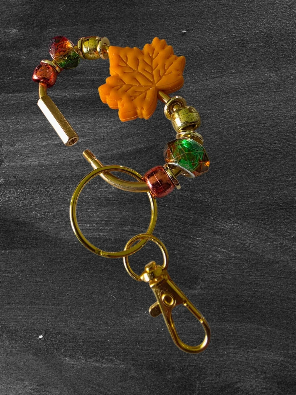 Gold-Tone Leaf Charm Purse Clip with Orange Leaf and Beads